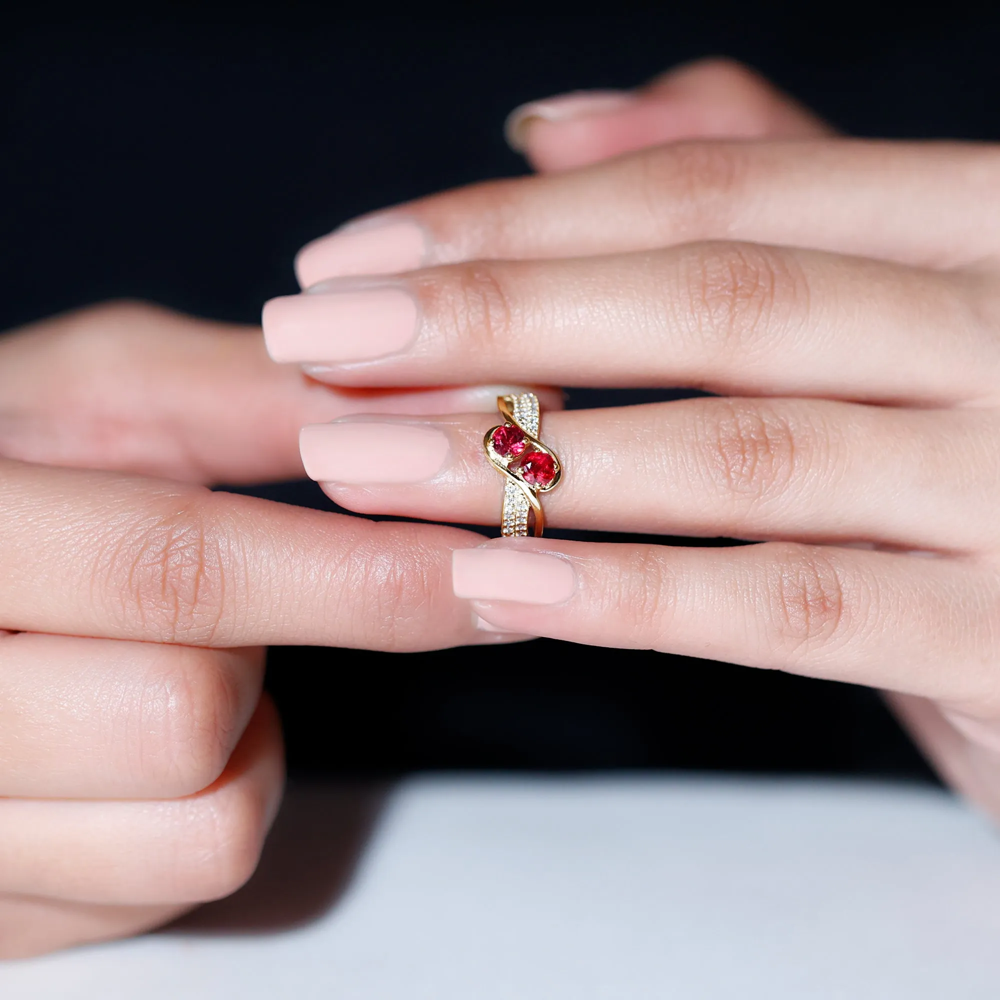 Two Stone Ruby Bypass Engagement Ring with Diamond