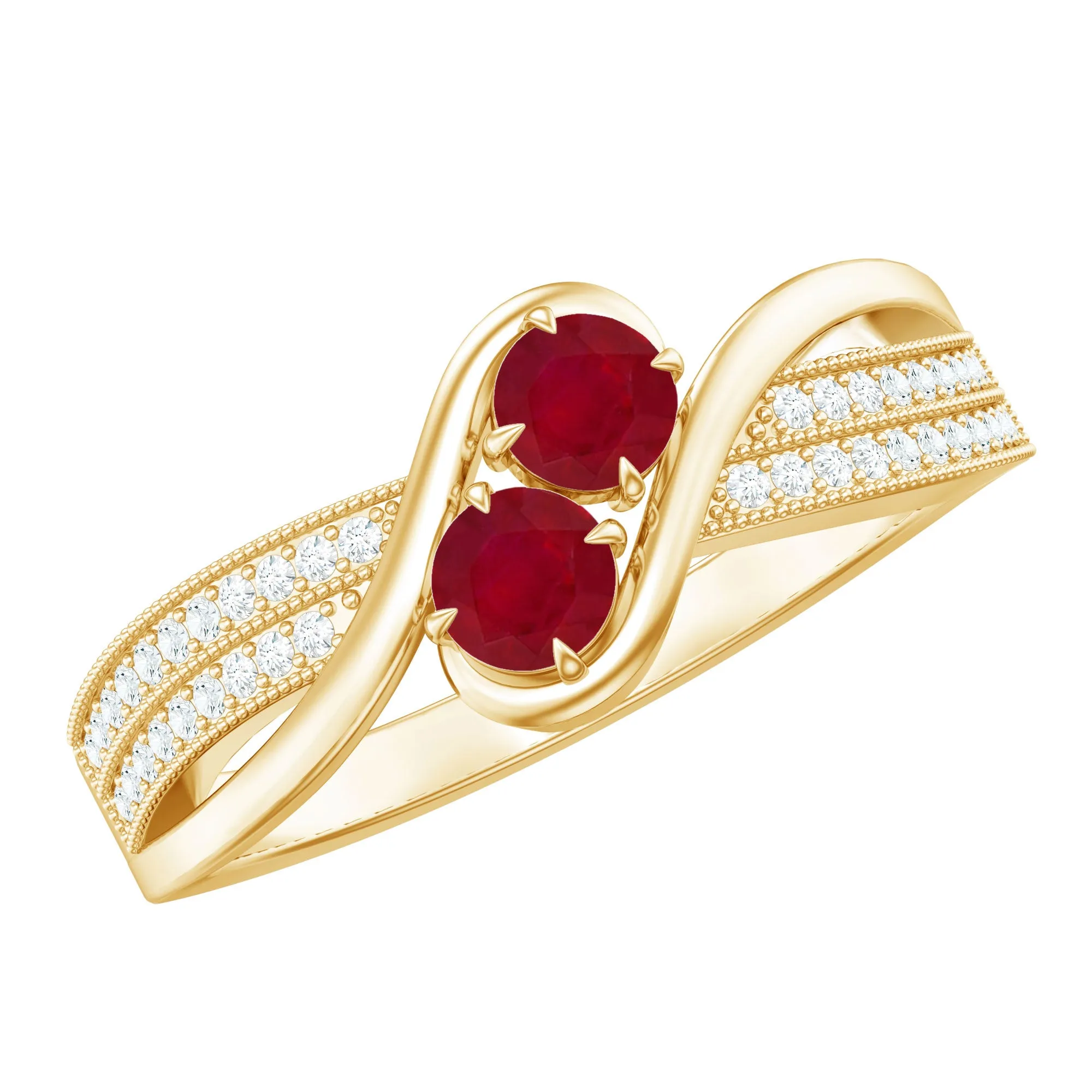 Two Stone Ruby Bypass Engagement Ring with Diamond