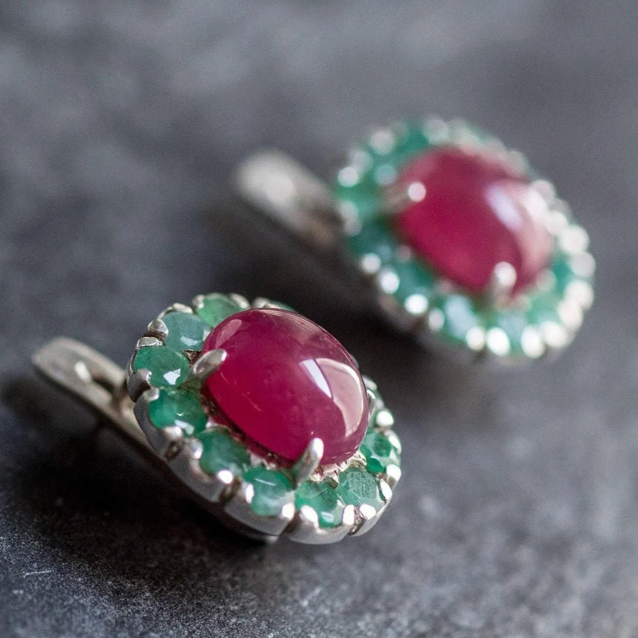 Victorian Emerald Earrings - Real Emerald and Ruby Earrings - Statement Flower Earrings