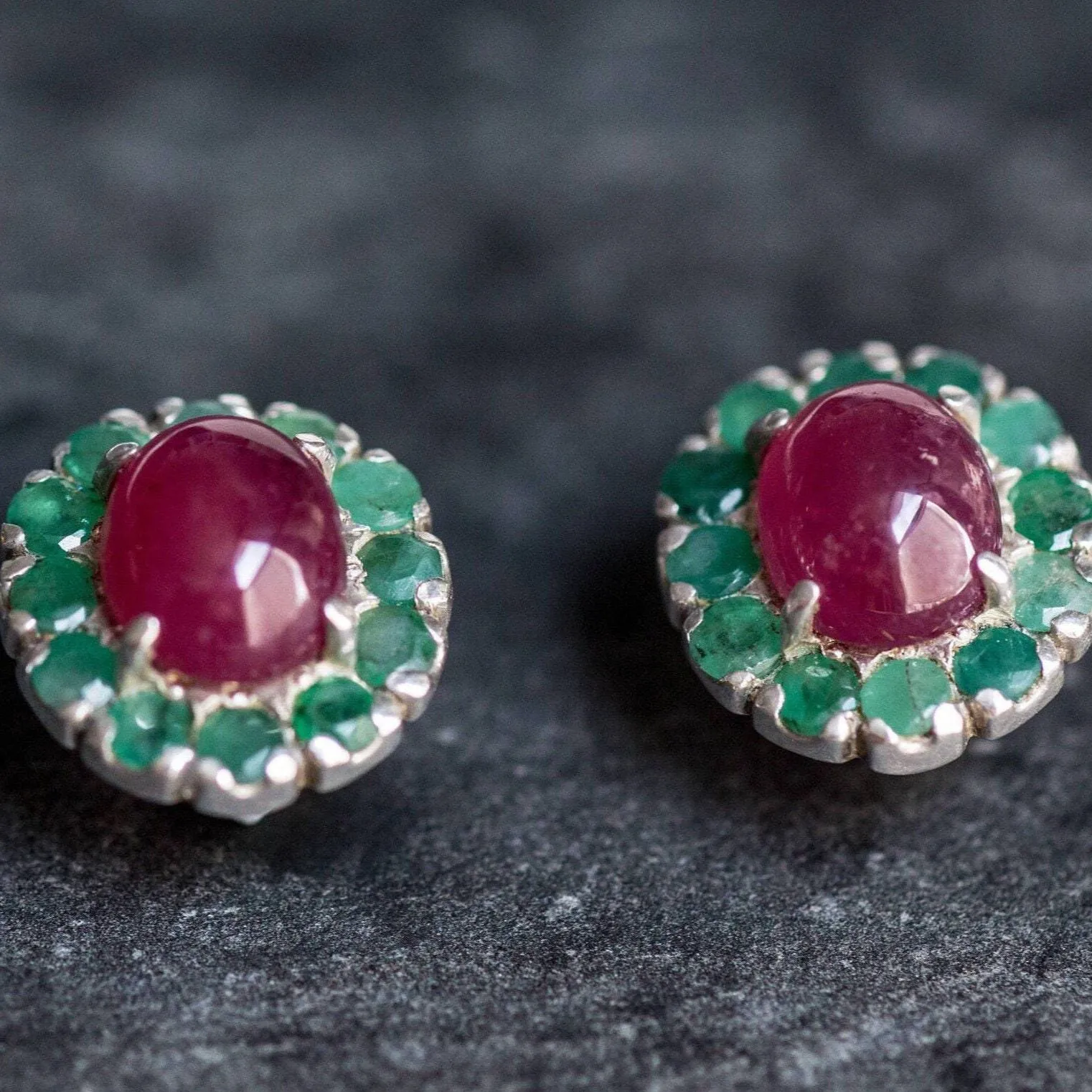 Victorian Emerald Earrings - Real Emerald and Ruby Earrings - Statement Flower Earrings