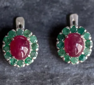 Victorian Emerald Earrings - Real Emerald and Ruby Earrings - Statement Flower Earrings