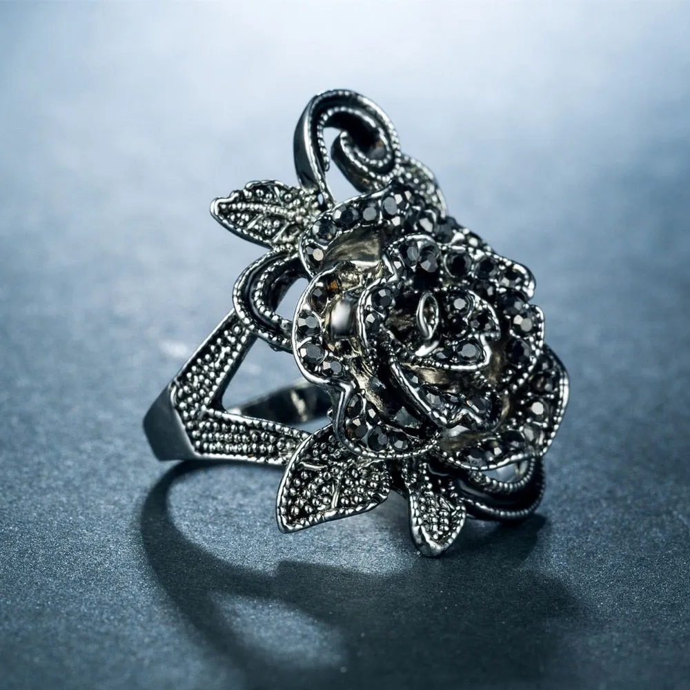 Victorian Jewelry Micro Pave Black Rose Cocktail Rings for Women with Zircon