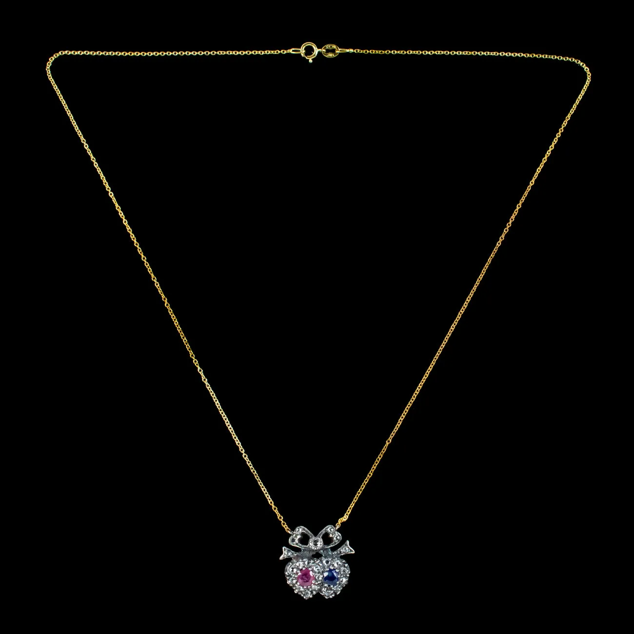 Victorian Style Ruby Sapphire Diamond Heart Lavaliere Necklace