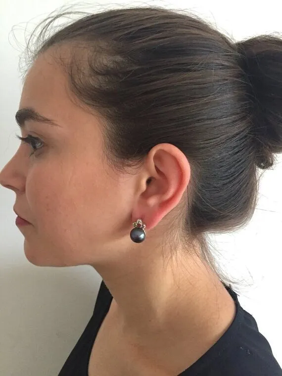 Vintage Black Pearl Earrings - Multistone Earrings - Natural Black Pearl Earrings