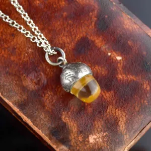 Vintage Silver Citrine Carved Acorn Pendant Necklace