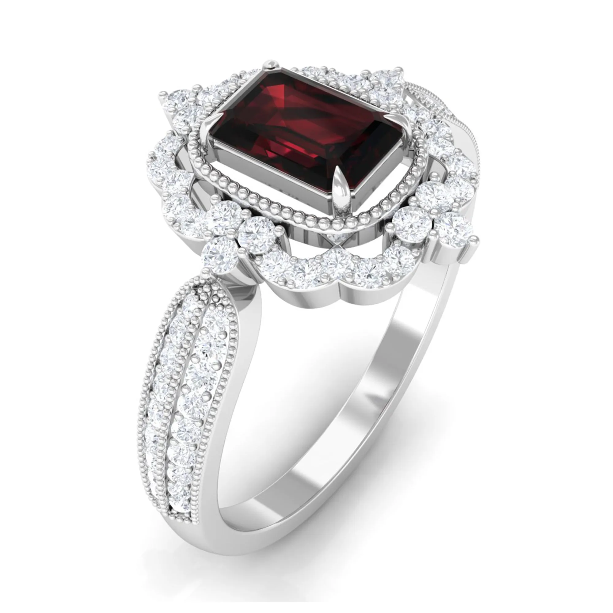 Vintage Style Octagon Garnet Engagement Ring with Diamond Floral Halo
