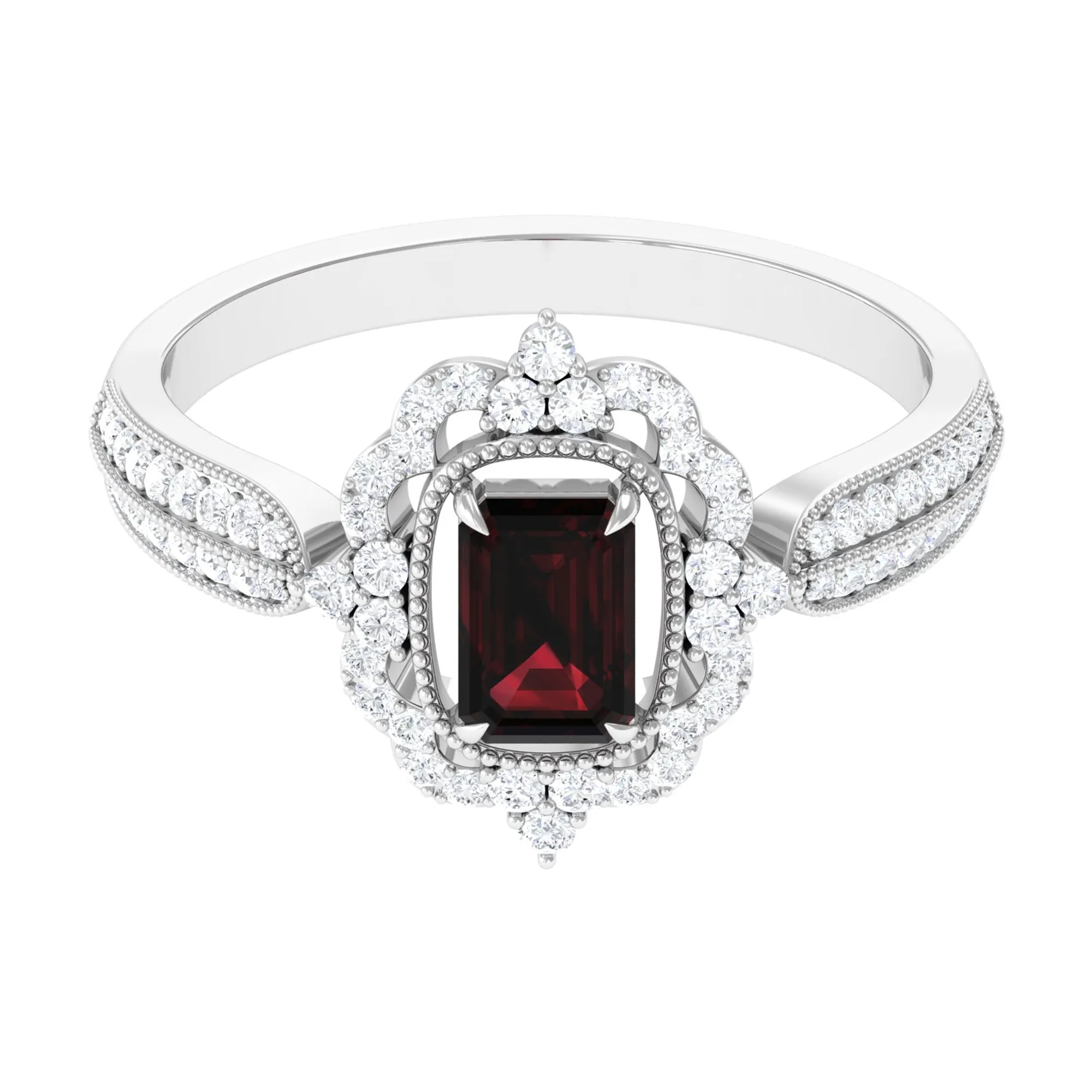 Vintage Style Octagon Garnet Engagement Ring with Diamond Floral Halo