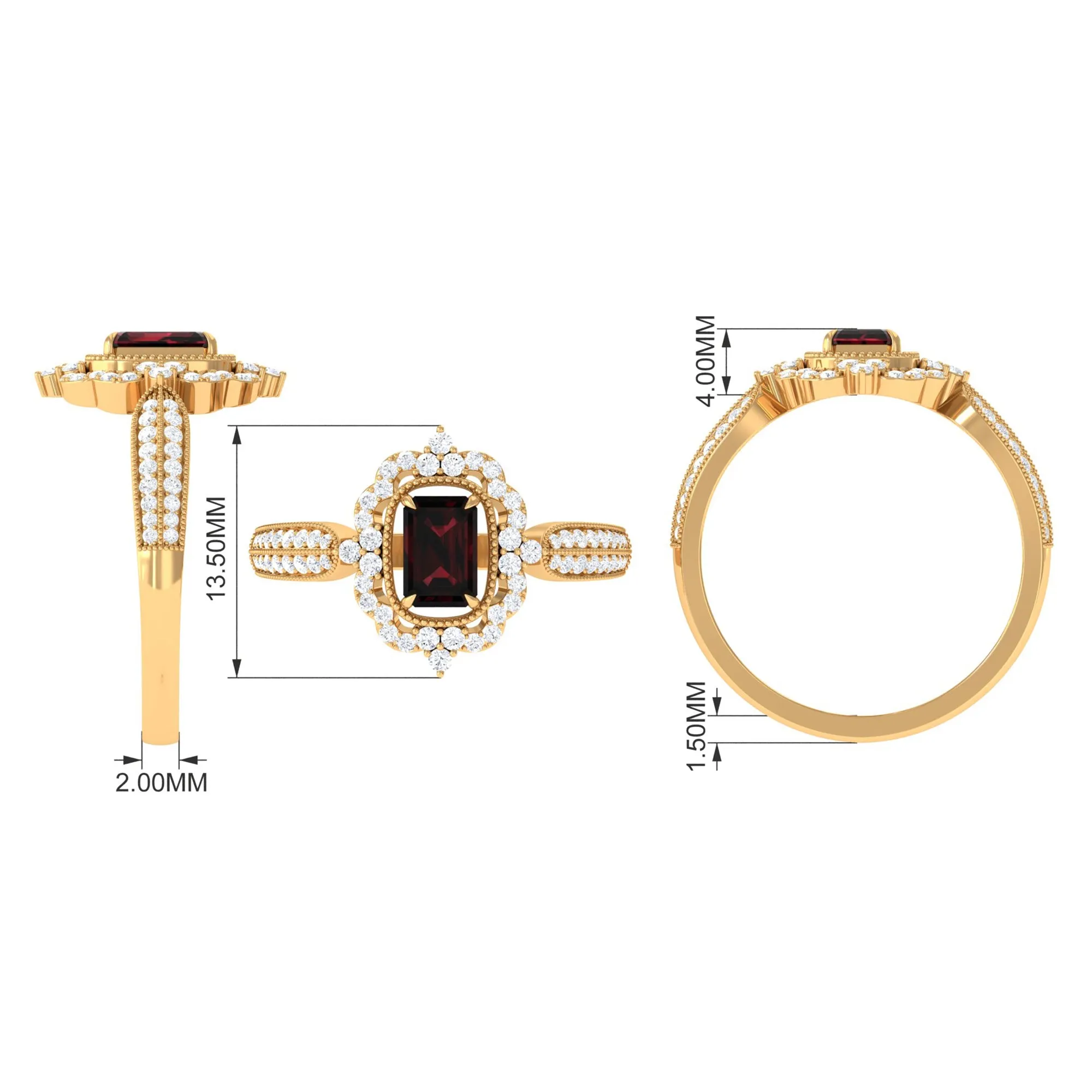 Vintage Style Octagon Garnet Engagement Ring with Diamond Floral Halo