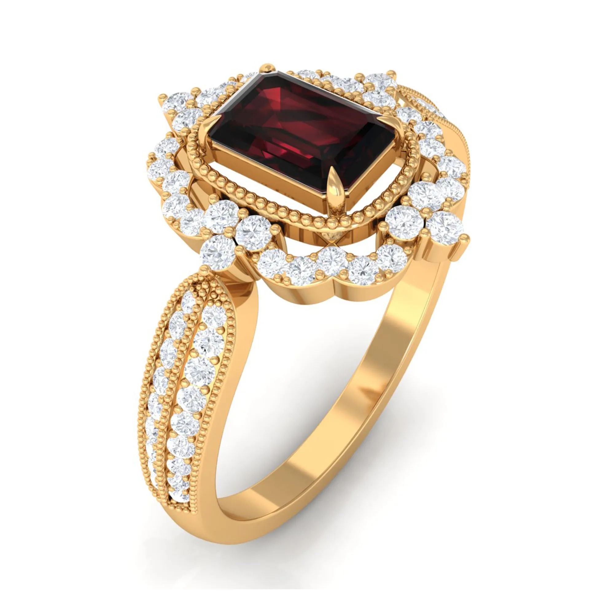 Vintage Style Octagon Garnet Engagement Ring with Diamond Floral Halo