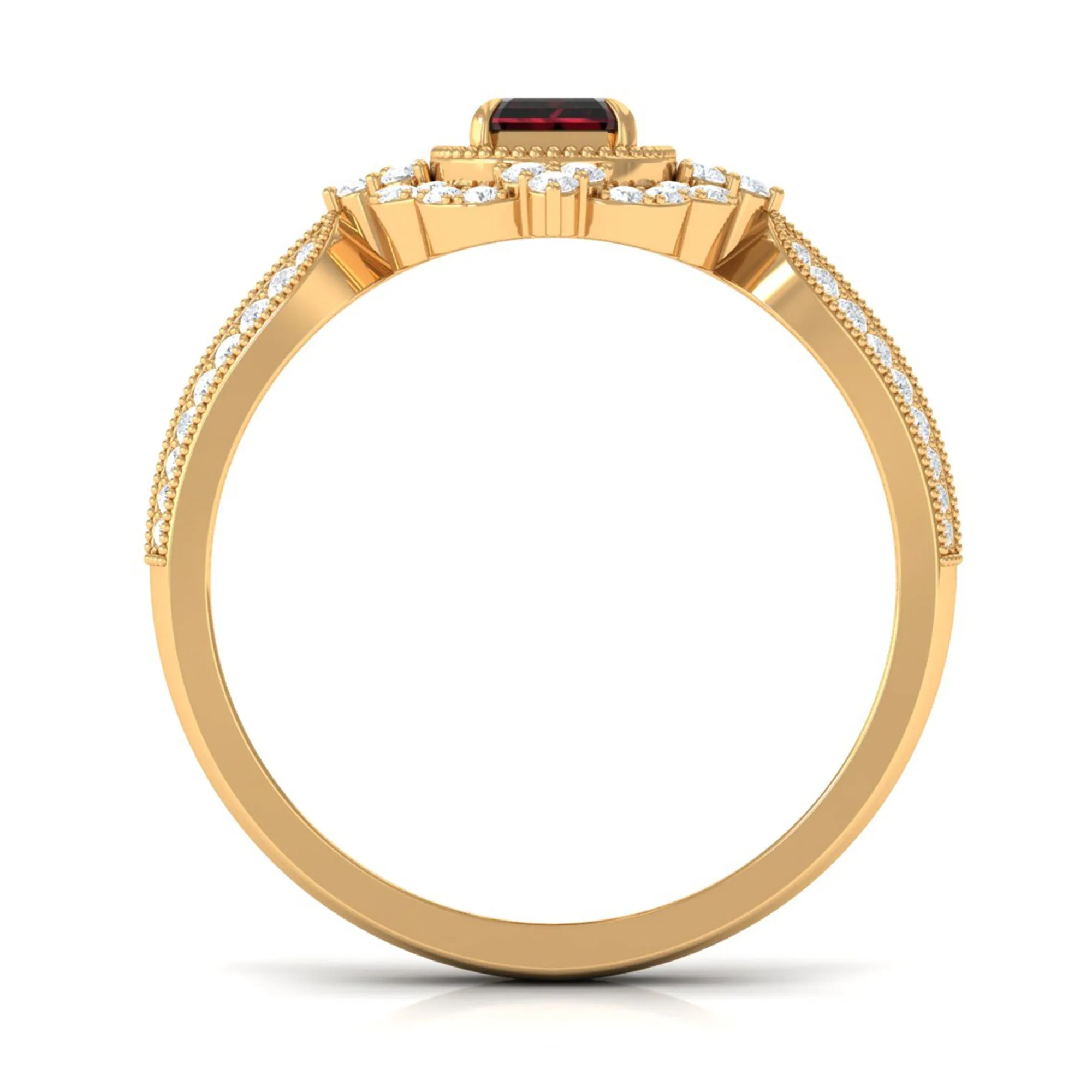 Vintage Style Octagon Garnet Engagement Ring with Diamond Floral Halo