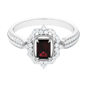 Vintage Style Octagon Garnet Engagement Ring with Diamond Floral Halo