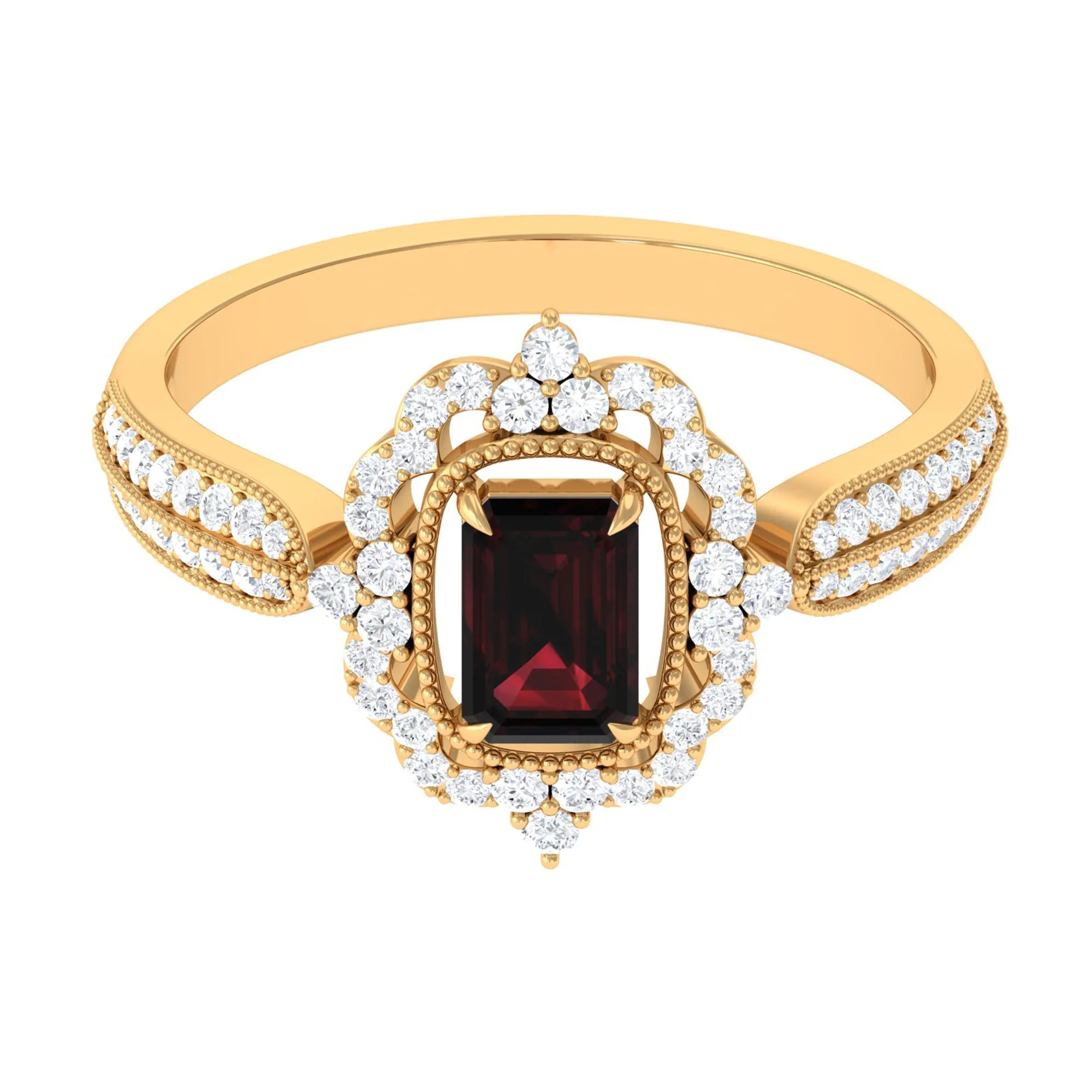 Vintage Style Octagon Garnet Engagement Ring with Diamond Floral Halo