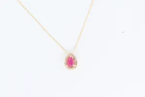 Yellow Gold Ruby and Diamond Floating Halo Pendant with Chain